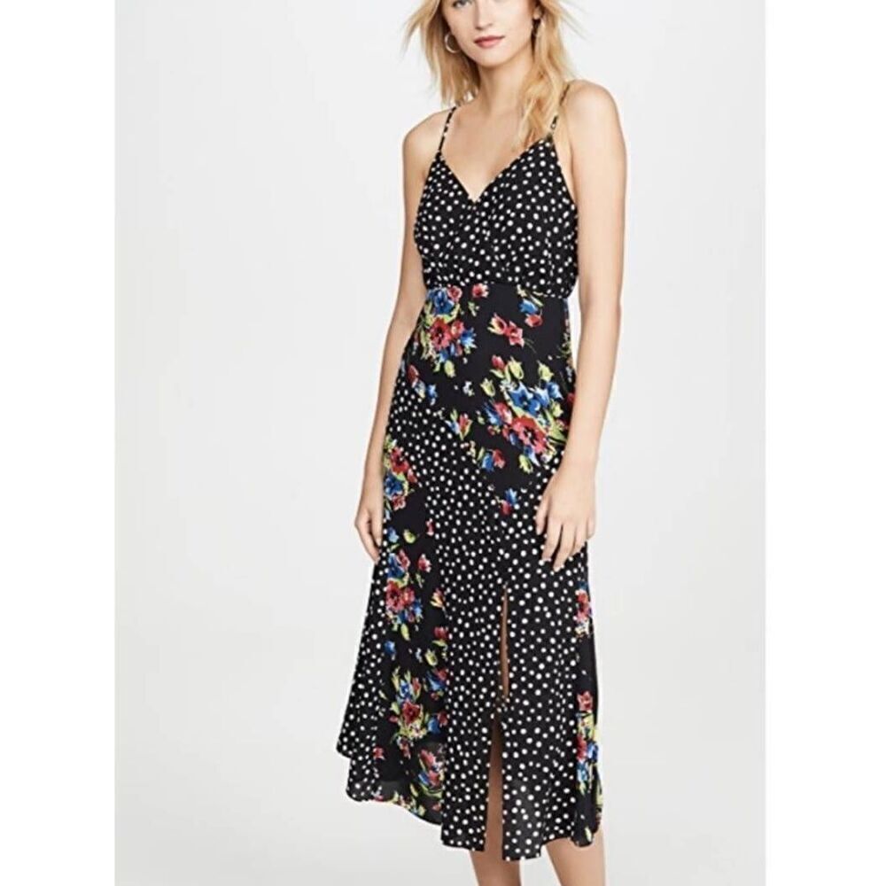Likely Saige Black Multi Floral Polka Dot Slip Dress Size 2